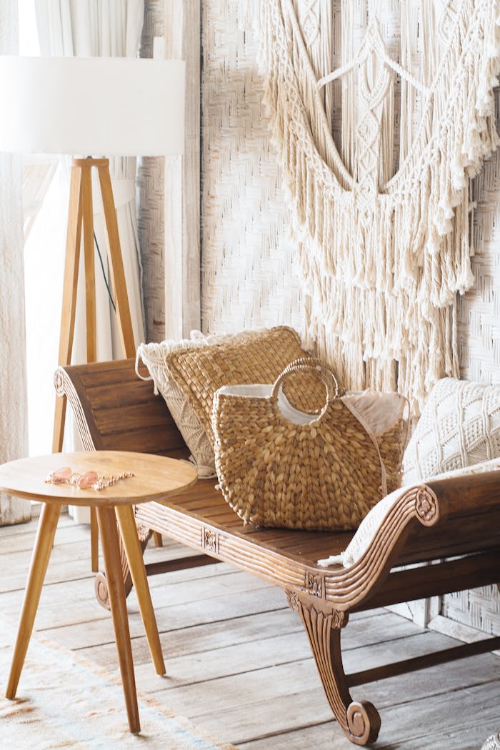 Cozy bohemian style room with a rustic wooden chair and woven accents.